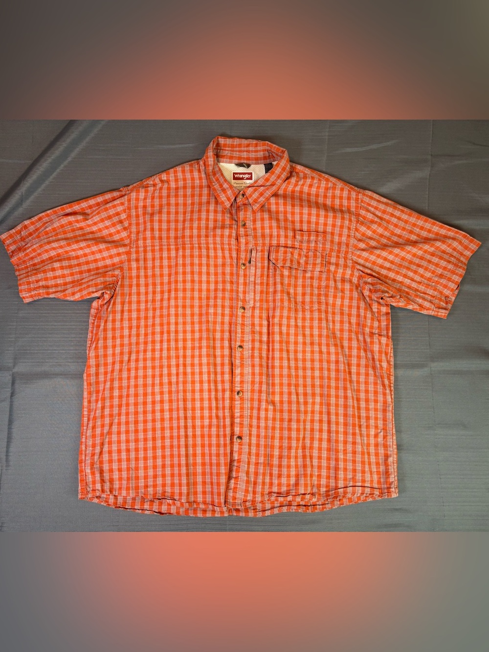 Wrangler 2XL Orange Plaid Short Sleeve Button Up Shirt Vented Outdoor Fishing
